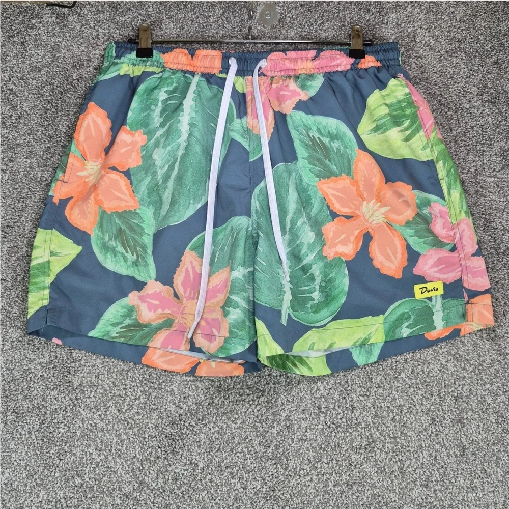 Duvin Swim Trunks Mens Large Green Floral Tropical Mesh Lined Shorts